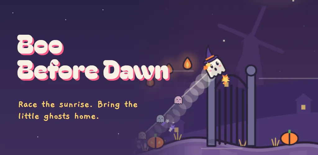 Boo Before Dawn artwork: a little ghost flying over a graveyard at night