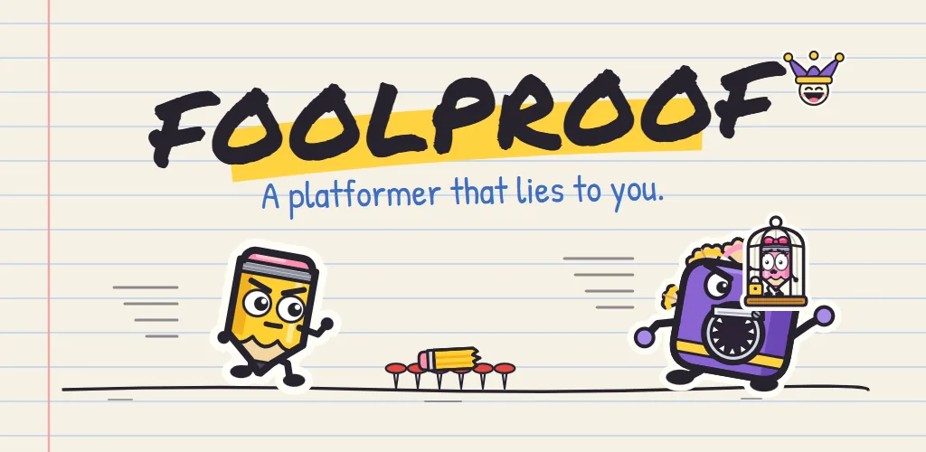 Foolproof artwork: a pencil hero running from a sharpener boss on notebook paper