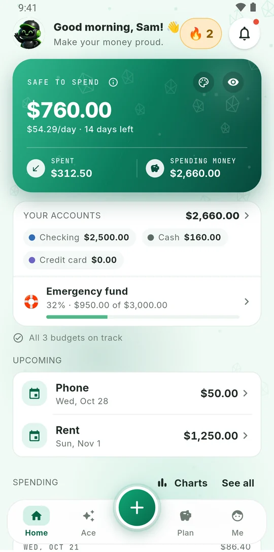 Smilo home screen showing what is safe to spend today