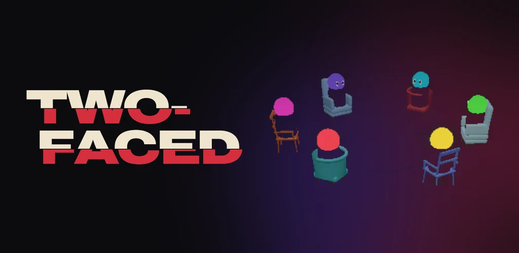 Two-Faced artwork: neon players sitting in a circle of chairs