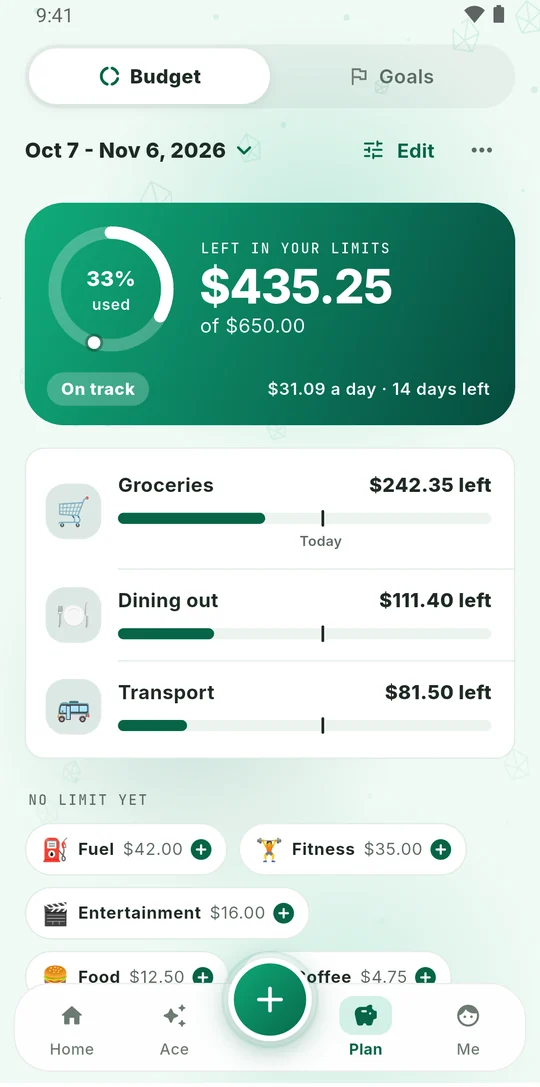 Budget limits with a Today mark