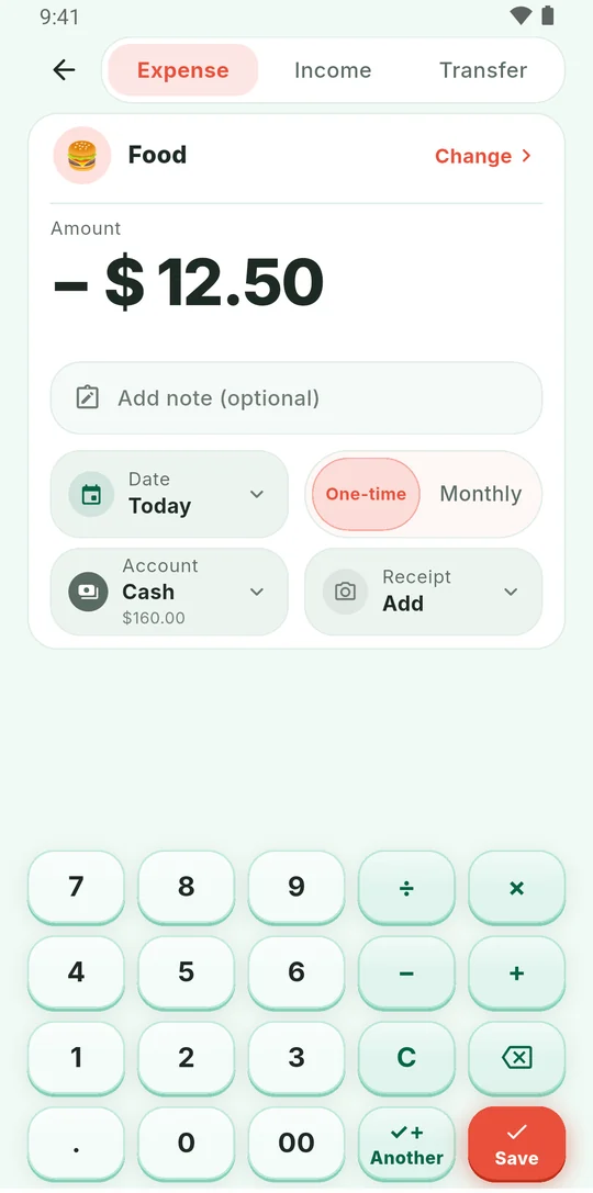 Adding a $12.50 expense with the keypad